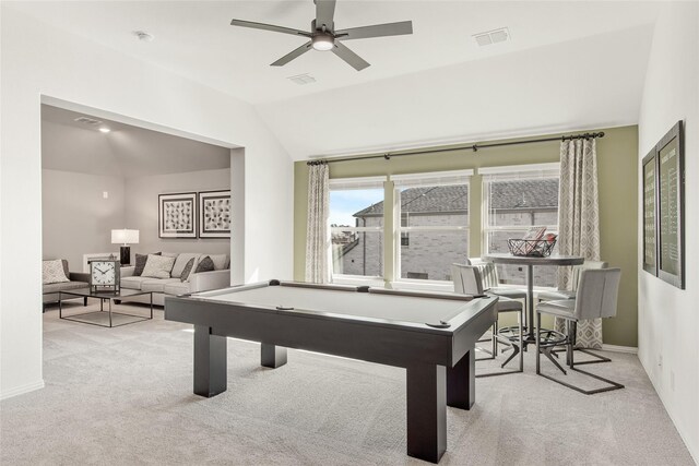 1013 Canuela Way, Fort Worth, TX 76247 - recreation room with carpet, vaulted ceiling, baseboards, and billiards