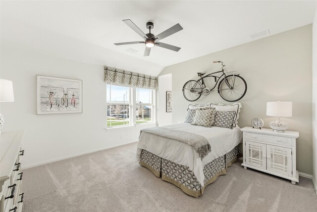 1013 Canuela Way, Fort Worth, TX 76247 - bedroom with light carpet, vaulted ceiling, baseboards, and a ceiling fan