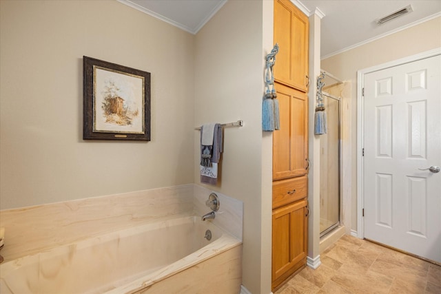 full bathroom featuring visible vents, a bath, a stall shower, and crown molding