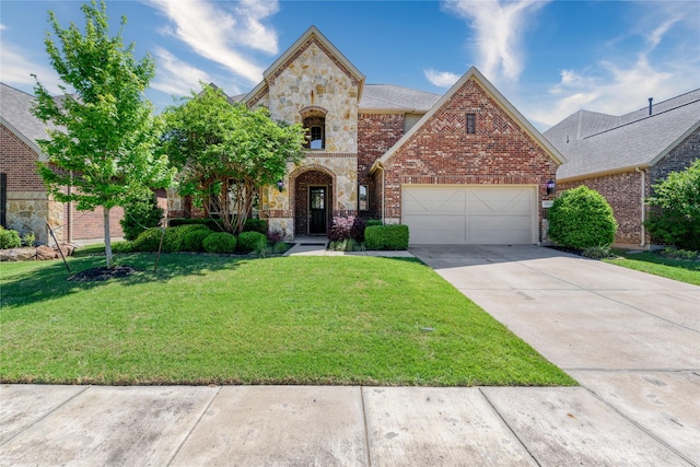 view of front of house with a front lawn, driveway, stone siding, an attached garage, and brick siding