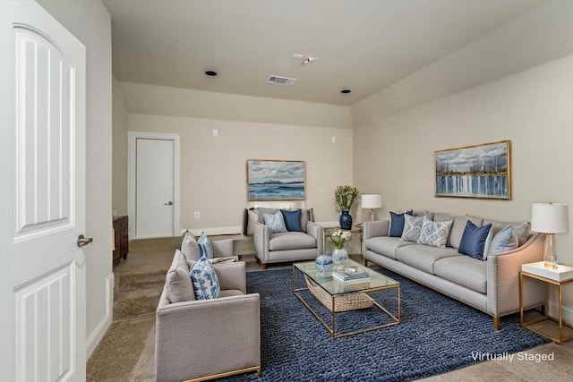 living area with baseboards, carpet flooring, and visible vents