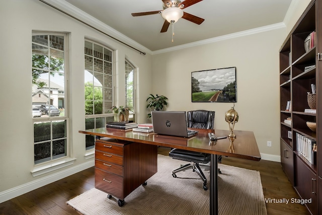 office with a ceiling fan, baseboards, dark wood-style floors, and crown molding