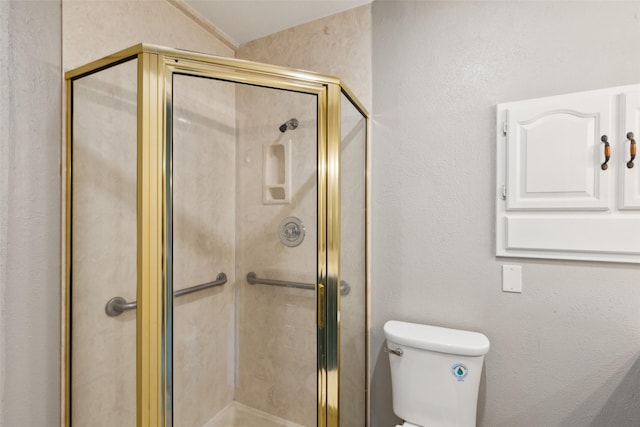 1001 Roaring Springs Dr, Allen, TX 75002 - bathroom featuring a shower stall, toilet, and lofted ceiling