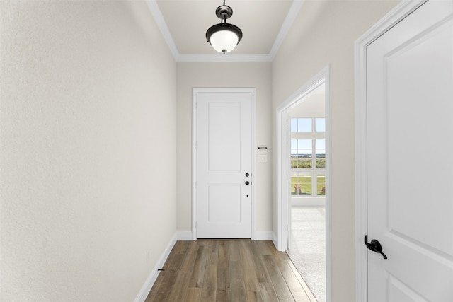 doorway featuring ornamental molding, baseboards, and wood finished floors