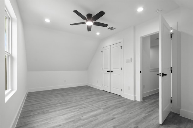 bonus room with visible vents, wood finished floors, baseboards, ceiling fan, and recessed lighting