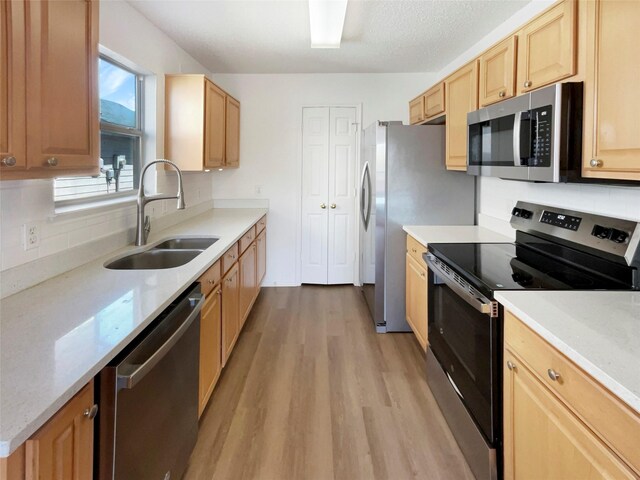 kitchen featuring tasteful backsplash, light brown cabinets, a sink, appliances with stainless steel finishes, and light wood finished floors