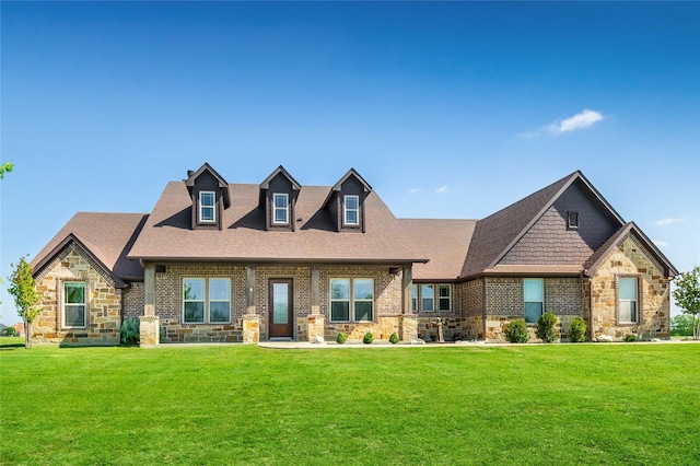 craftsman inspired home featuring a shingled roof, a front lawn, and stone siding