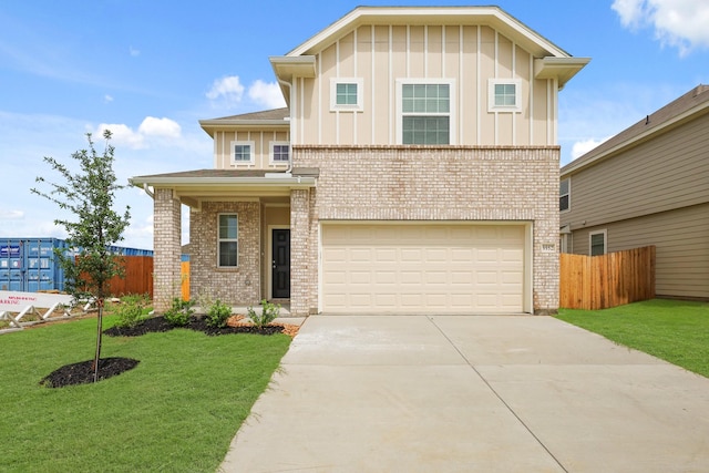 9952 Dynamics Dr, Fort Worth, TX 76131 - traditional home featuring brick siding, board and batten siding, a garage, and driveway