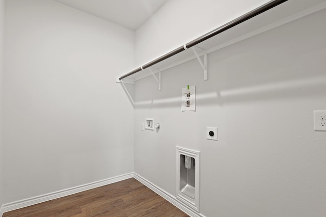 9952 Dynamics Dr, Fort Worth, TX 76131 - laundry room with washer hookup, electric dryer hookup, dark wood-type flooring, gas dryer hookup, and baseboards