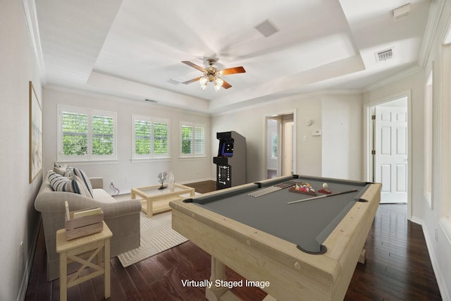 playroom featuring dark wood-style floors, visible vents, a ceiling fan, billiards, and a raised ceiling