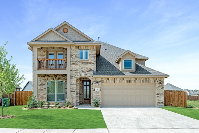 5 Covey Ln, Sanger, TX 76266 - view of front of home featuring brick siding, a balcony, driveway, a garage, and roof with shingles