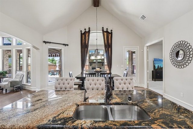 1011 Caribou Dr, Prosper, TX 75078 - kitchen featuring high vaulted ceiling, stone counters, wood finished floors, a chandelier, and arched walkways