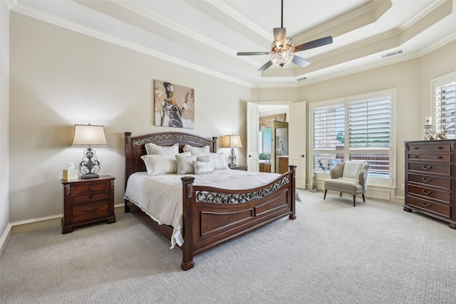 1011 Caribou Dr, Prosper, TX 75078 - carpeted bedroom featuring crown molding, a raised ceiling, and ceiling fan