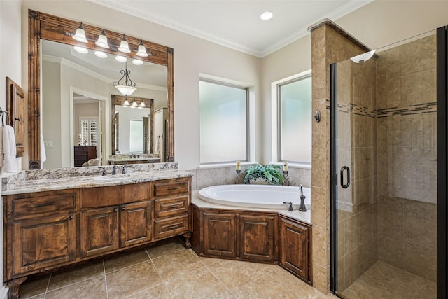 1011 Caribou Dr, Prosper, TX 75078 - full bathroom featuring a garden tub, a stall shower, vanity, and ornamental molding