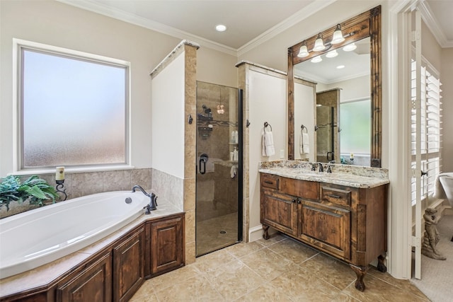 1011 Caribou Dr, Prosper, TX 75078 - bathroom with a garden tub, a stall shower, vanity, ornamental molding, and tile patterned floors