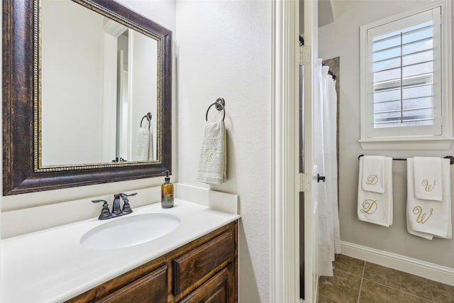 1011 Caribou Dr, Prosper, TX 75078 - full bath featuring vanity, tile patterned floors, and a shower with curtain