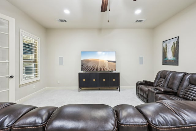 1011 Caribou Dr, Prosper, TX 75078 - carpeted home theater with ceiling fan and recessed lighting