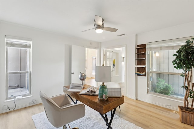3701 Leathertop Dr, Plano, TX 75075 - office with light wood-style floors, a ceiling fan, and baseboards