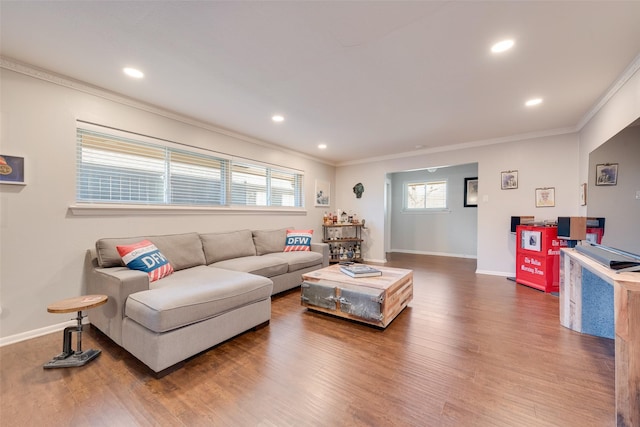 652 Bizerte Ave, Dallas, TX 75224 - living area with crown molding, baseboards, recessed lighting, and wood finished floors