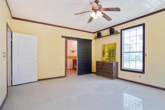 4916 Gooseberry Trl, Granbury, TX 76048 - unfurnished bedroom with crown molding, baseboards, and a barn door
