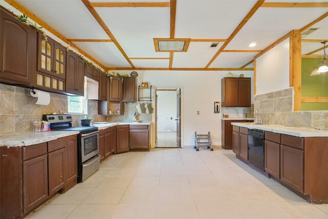 4916 Gooseberry Trl, Granbury, TX 76048 - kitchen featuring tasteful backsplash, stainless steel electric range oven, light countertops, and black dishwasher
