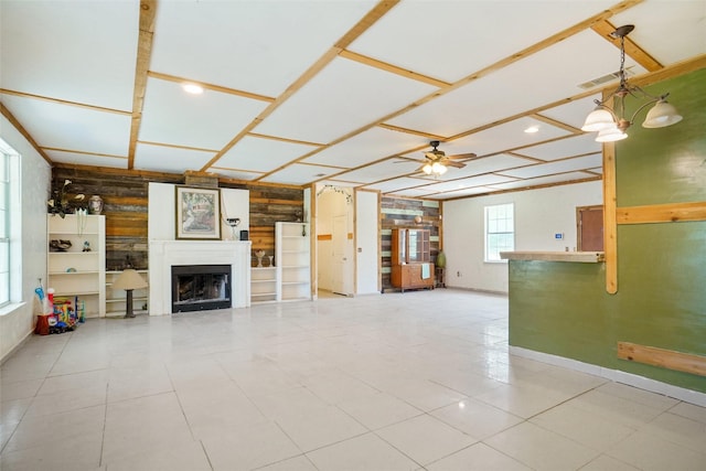 4916 Gooseberry Trl, Granbury, TX 76048 - unfurnished living room with recessed lighting, a fireplace, visible vents, and a ceiling fan