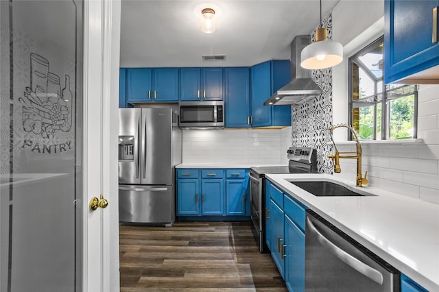 4040 Carolyn Rd, Fort Worth, TX 76109 - kitchen with appliances with stainless steel finishes, wall chimney range hood, a sink, blue cabinets, and dark wood-type flooring