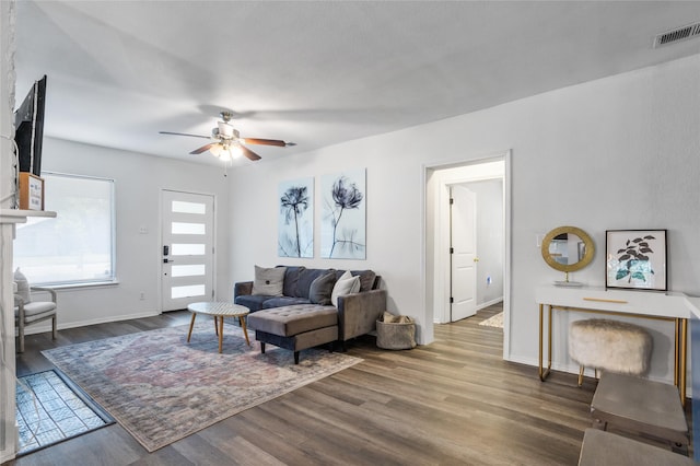 4040 Carolyn Rd, Fort Worth, TX 76109 - living room featuring a ceiling fan, wood finished floors, and baseboards