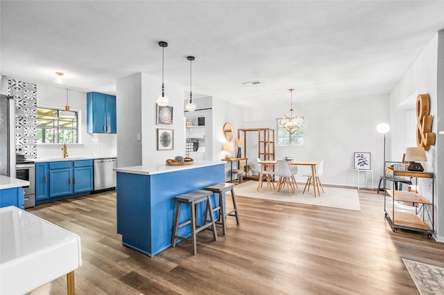 4040 Carolyn Rd, Fort Worth, TX 76109 - kitchen featuring blue cabinetry, appliances with stainless steel finishes, a sink, wood finished floors, and light countertops