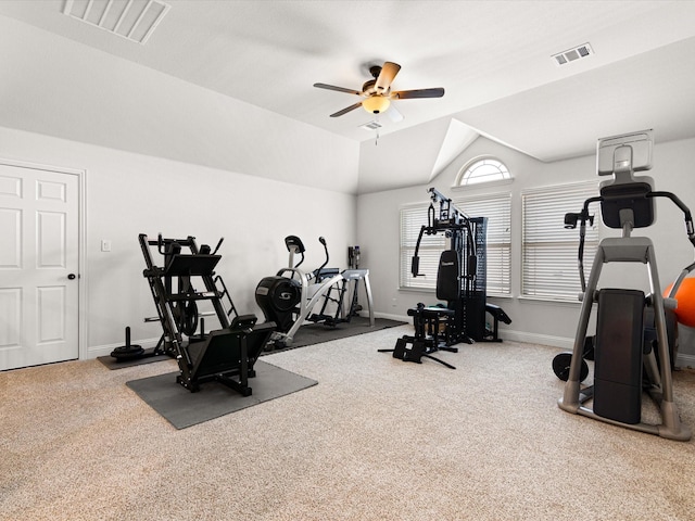 workout room featuring ceiling fan, visible vents, and carpet floors