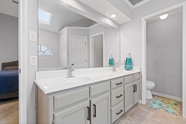 bathroom featuring connected bathroom, toilet, a skylight, and a sink