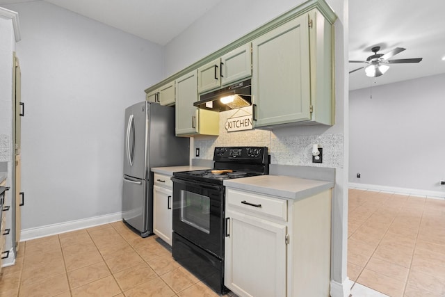 kitchen with decorative backsplash, light tile patterned floors, black / electric stove, under cabinet range hood, and green cabinets