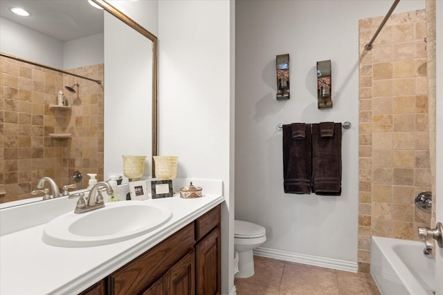 full bathroom with baseboards, toilet, shower / bath combination, vanity, and tile patterned flooring
