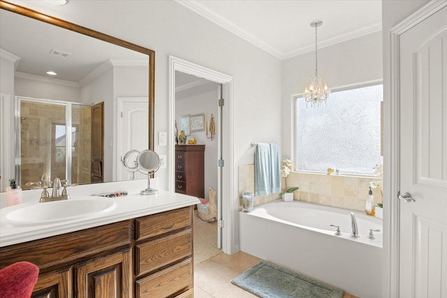 bathroom with a stall shower, a bath, vanity, tile patterned floors, and a notable chandelier