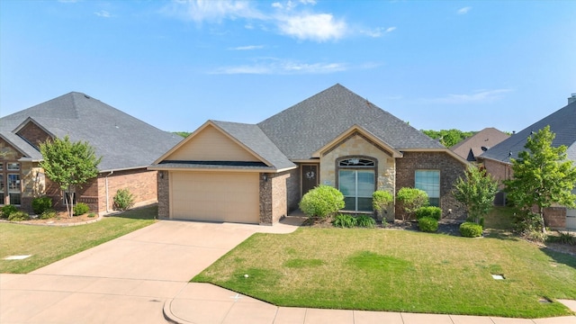 single story home featuring roof with shingles, a front lawn, an attached garage, and driveway