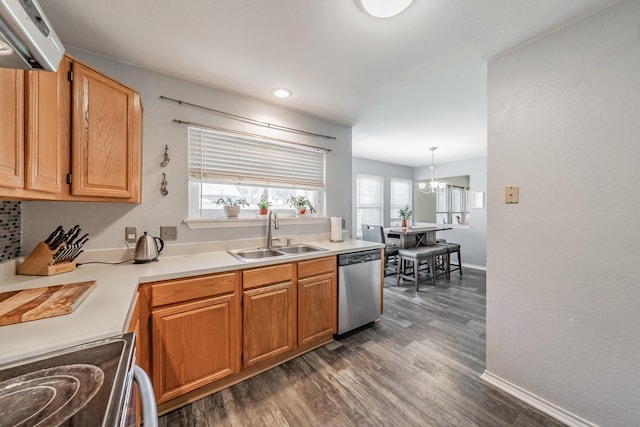 kitchen featuring dark wood-style floors, electric range, dishwasher, a sink, and ventilation hood