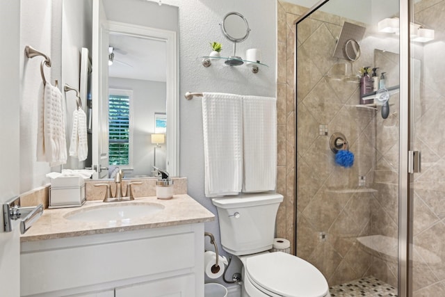 bathroom featuring vanity, toilet, and a stall shower