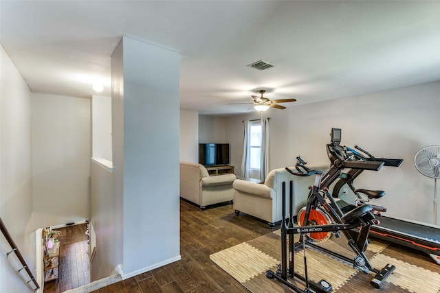 4505 Pangolin Dr, Fort Worth, TX 76244 - exercise room featuring ceiling fan, baseboards, wood finished floors, and visible vents