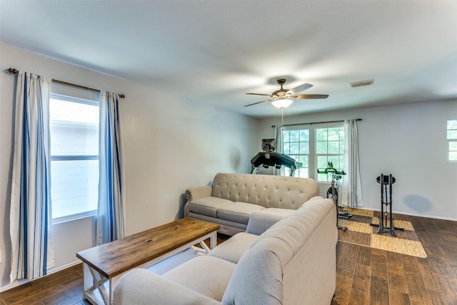 4505 Pangolin Dr, Fort Worth, TX 76244 - living room featuring dark wood-style flooring, a ceiling fan, visible vents, and baseboards