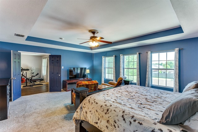 4505 Pangolin Dr, Fort Worth, TX 76244 - bedroom featuring visible vents, a ceiling fan, a tray ceiling, and carpet floors