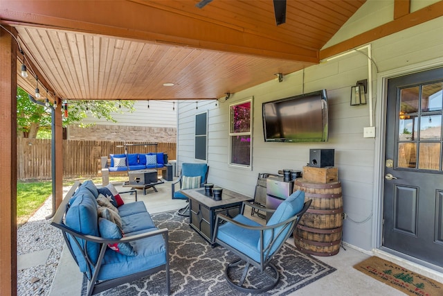 4505 Pangolin Dr, Fort Worth, TX 76244 - view of patio / terrace featuring fence, an outdoor hangout area, and a ceiling fan
