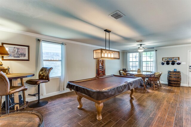 4505 Pangolin Dr, Fort Worth, TX 76244 - recreation room with a ceiling fan, dark wood-style flooring, crown molding, and visible vents