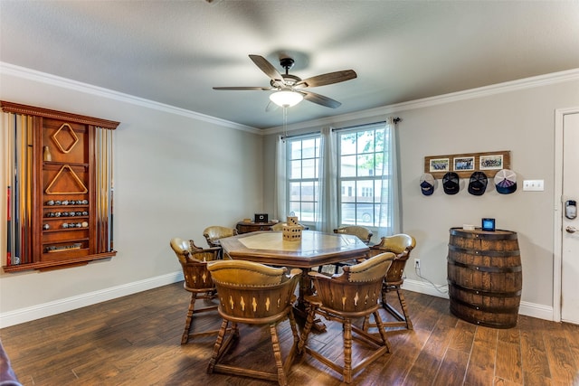 4505 Pangolin Dr, Fort Worth, TX 76244 - dining area featuring dark wood finished floors, ornamental molding, baseboards, and ceiling fan