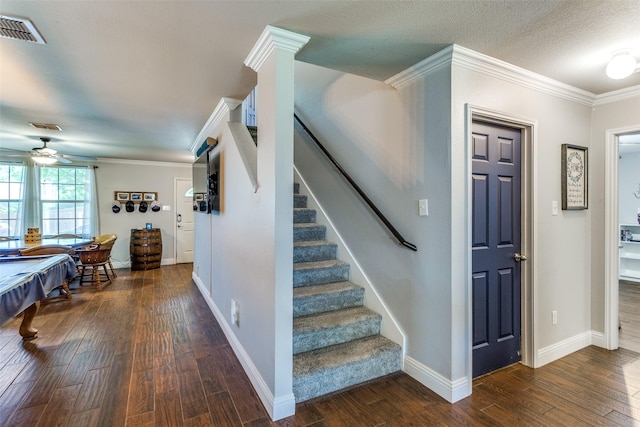 4505 Pangolin Dr, Fort Worth, TX 76244 - stairs with wood-type flooring, visible vents, crown molding, and ceiling fan