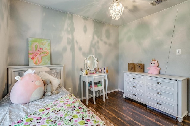 bedroom with a chandelier, baseboards, visible vents, and dark wood-style floors