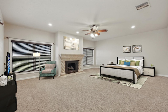 bedroom featuring visible vents, baseboards, ceiling fan, carpet floors, and recessed lighting