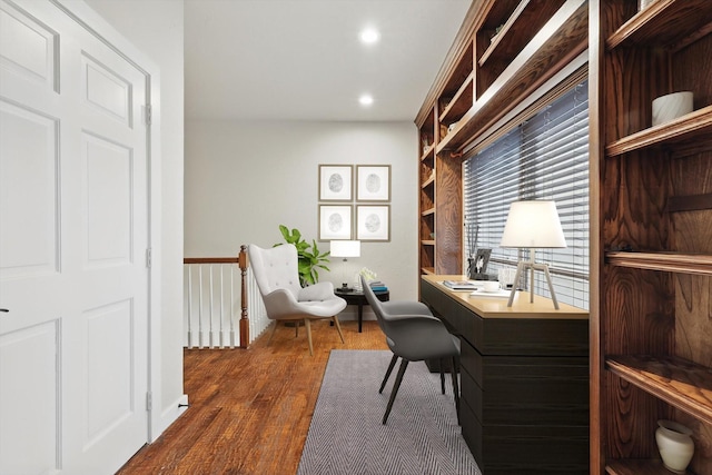 office with recessed lighting and dark wood-type flooring
