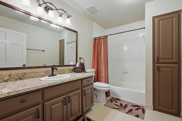 full bathroom featuring vanity, shower / bath combo, tile patterned flooring, toilet, and visible vents