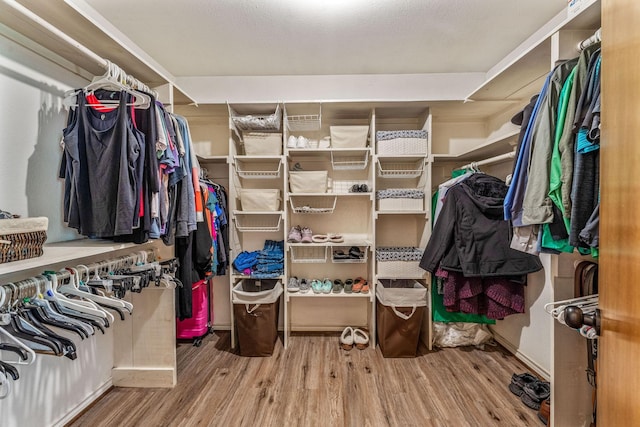 walk in closet with wood finished floors