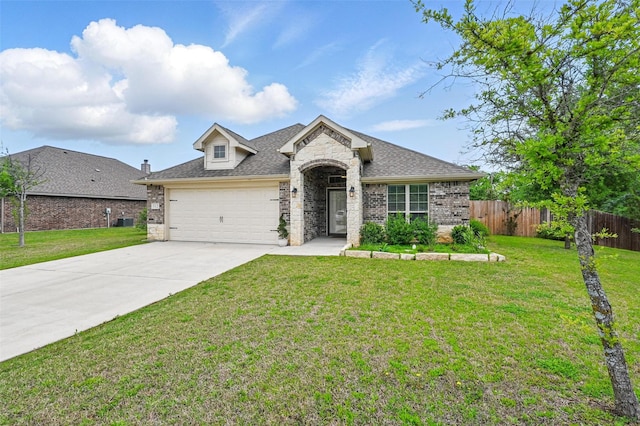 512 Hidden Springs Trl, Azle, TX 76020 - french country inspired facade featuring driveway, a garage, brick siding, stone siding, and roof with shingles